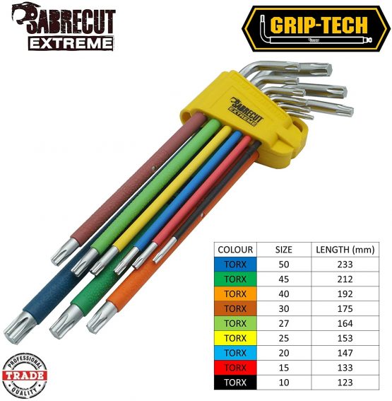 9 Piece SabreCut SCTX009S Soft Grip Extra Long Torx Key Set with Colour Coding - Sizes T10-T50 - Image 2