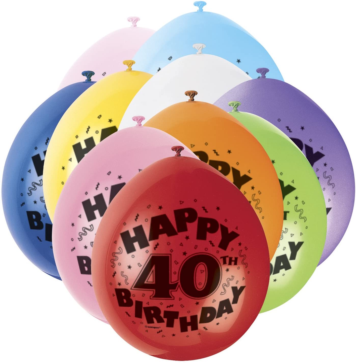 Unique Party 80313 - 9" Latex Assorted Happy 40th Birthday Balloons, Pack of 10, Multi-colored, Age 40