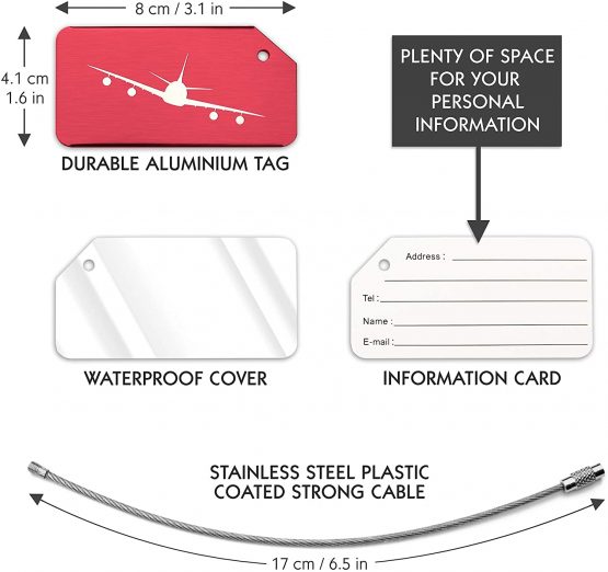 OCTiLUX Luggage Tags for Travel Suitcase Aluminium Aero Design 5 Pack Red - Image 4