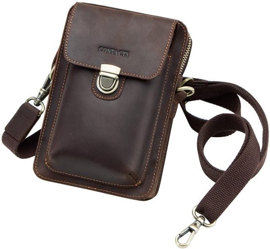 Contacts Real Leather Man Small Messenger Belt Bag Waist Pouch Purse for Mobile Phone Dark Coffee