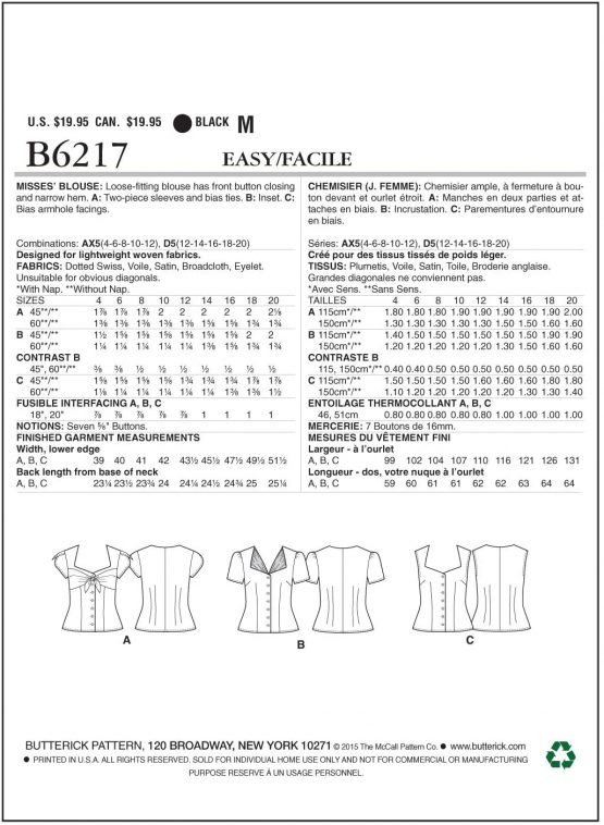 Butterick Patterns 6217 D5,Misses Blouse,Sizes 12-14-16-18-20 - Image 2