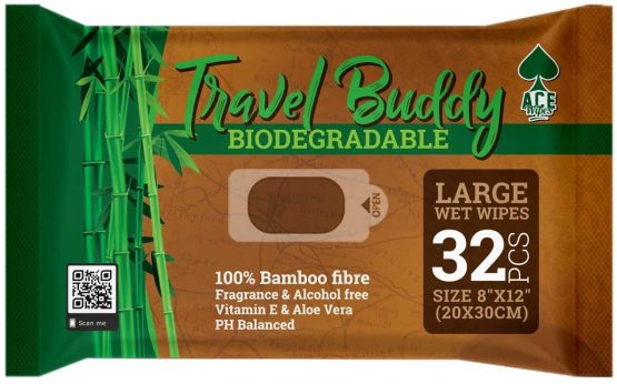 Ace Travel Buddy Large Body Wet Wipes Biodegradable - No Rinse Bath Or Shower Bamboo Wipe - Gym, Travel, Camping, Backpacking, Hiking, Pets, Festival Essentials/Accessories, 32 Wipes(8"X12"/20X30CM)
