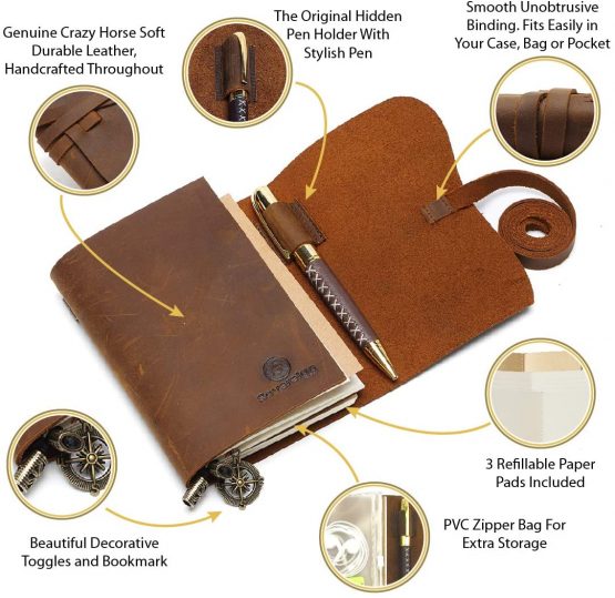 Small Pocket Refillable Travellers Notebook Handmade Leather Journal AMAZING BUNDLE Vintage Antique Genuine Leather Travel Diary for Men Women Students TN + Pen Zip Bag Notes Sketching Drawing 14x11cm - Image 2