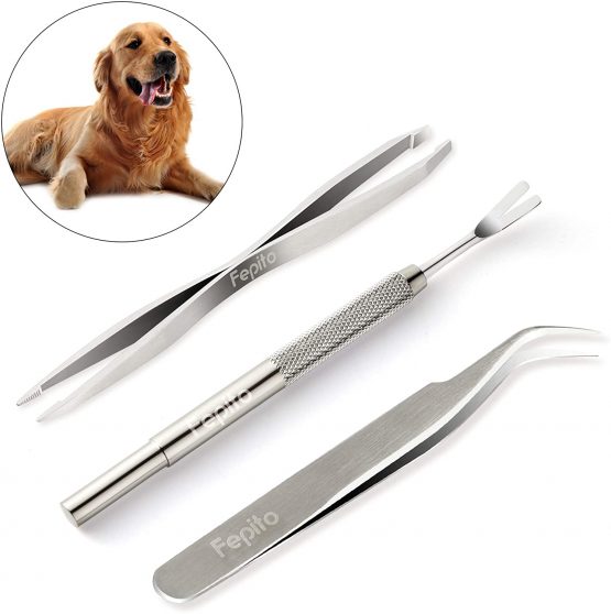 FEPITO 3 Pcs Stainless Steel Tick Remover Tool Set Pet Dogs Cats Ticks Remover Kit Including 1 Pcs Tick Removal Tweezers 1 Pcs Sharp Rake and 1 Pcs Two Clips
