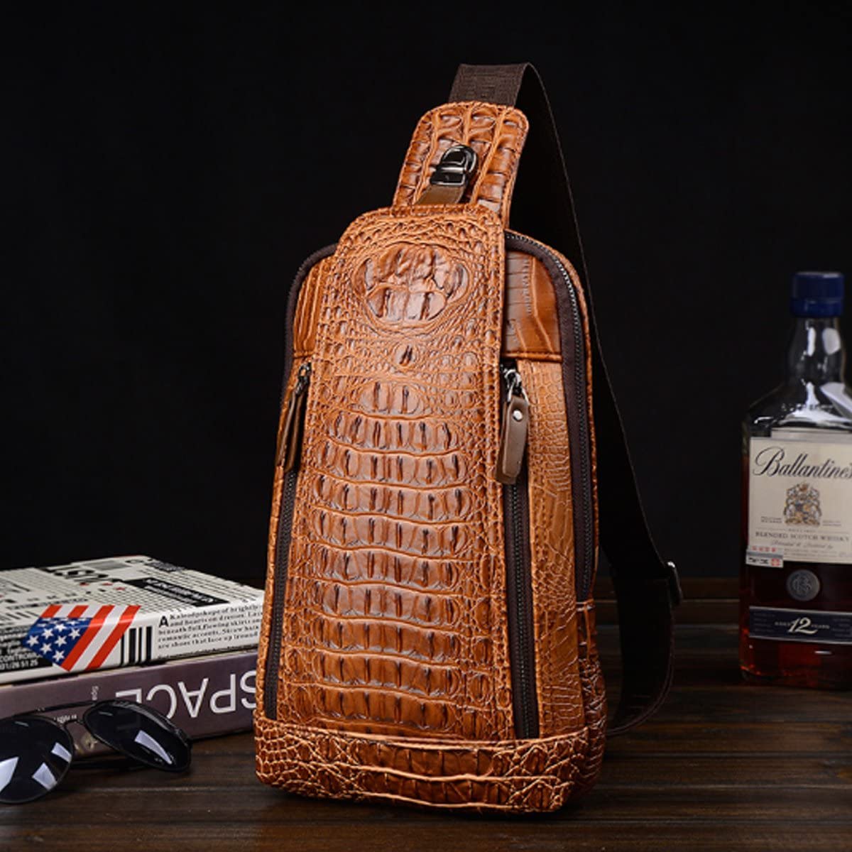 FiveloveTwo Mens Sling Bags Crocodile Leather Multipurpose Outdoor Shoulder Crossbody Chest Bag Satchels Hiking School Daypack Brown - Image 2