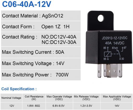Ehdis® Motor Relay 5 Pin 12V Coil 40A Automotive Relay Contactor Relay Switch Power, Auto Switches & Starters, 2 Pack - Image 3