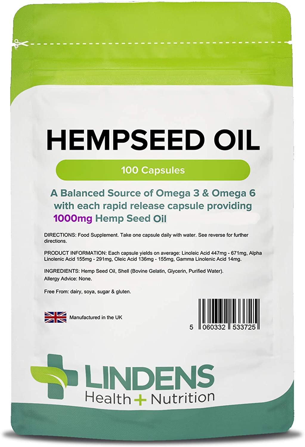 Lindens, Hemp Seed Oil 1000mg, 100 Capsules, UK Made, Source of Omega 3, 6 & 9, Joint Care, Heart Health, Overall Wellbeing