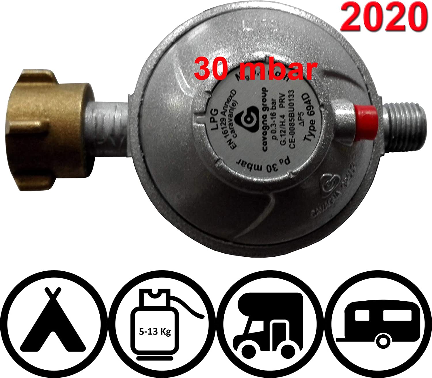 Safety vehicle regulator for caravans and campers 30 or 50mbar (2017 printed), Multi-coloured, Standard