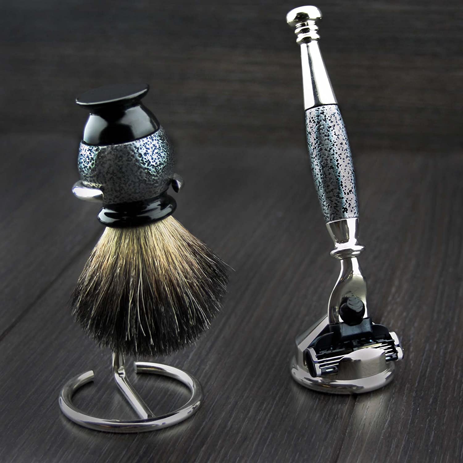Haryali Hand Assembled Black & Silver Textured 4 Pc Mens Shaving Set with Badger Hair Brush, 3 Edge Cartridge Razor, Razor Stand & Brush Holder Perfect Kit for Men - Image 2
