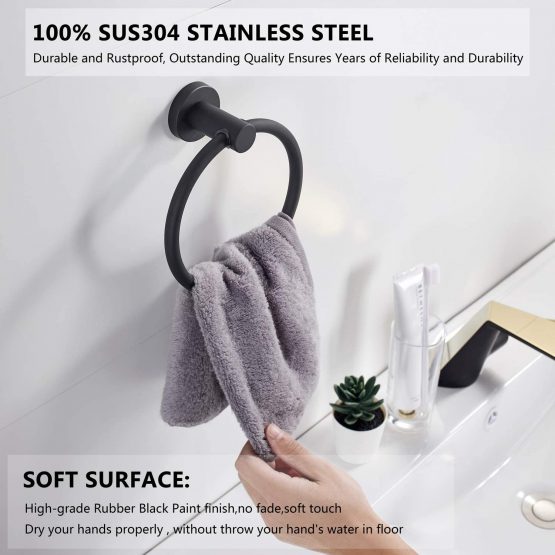 BGL Black Towel Ring Wall Mounted, Stainless Steel 304 Rubber Round Towel Holder for Bathroom - Image 2