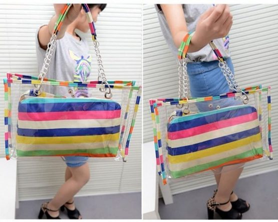 LA HAUTE Women Girls Summer Transparent Jelly Beach Tote Bags Vintage Print PVC Waterproof Swimming Shoulder Bags with Cosmetics Bags - Image 4