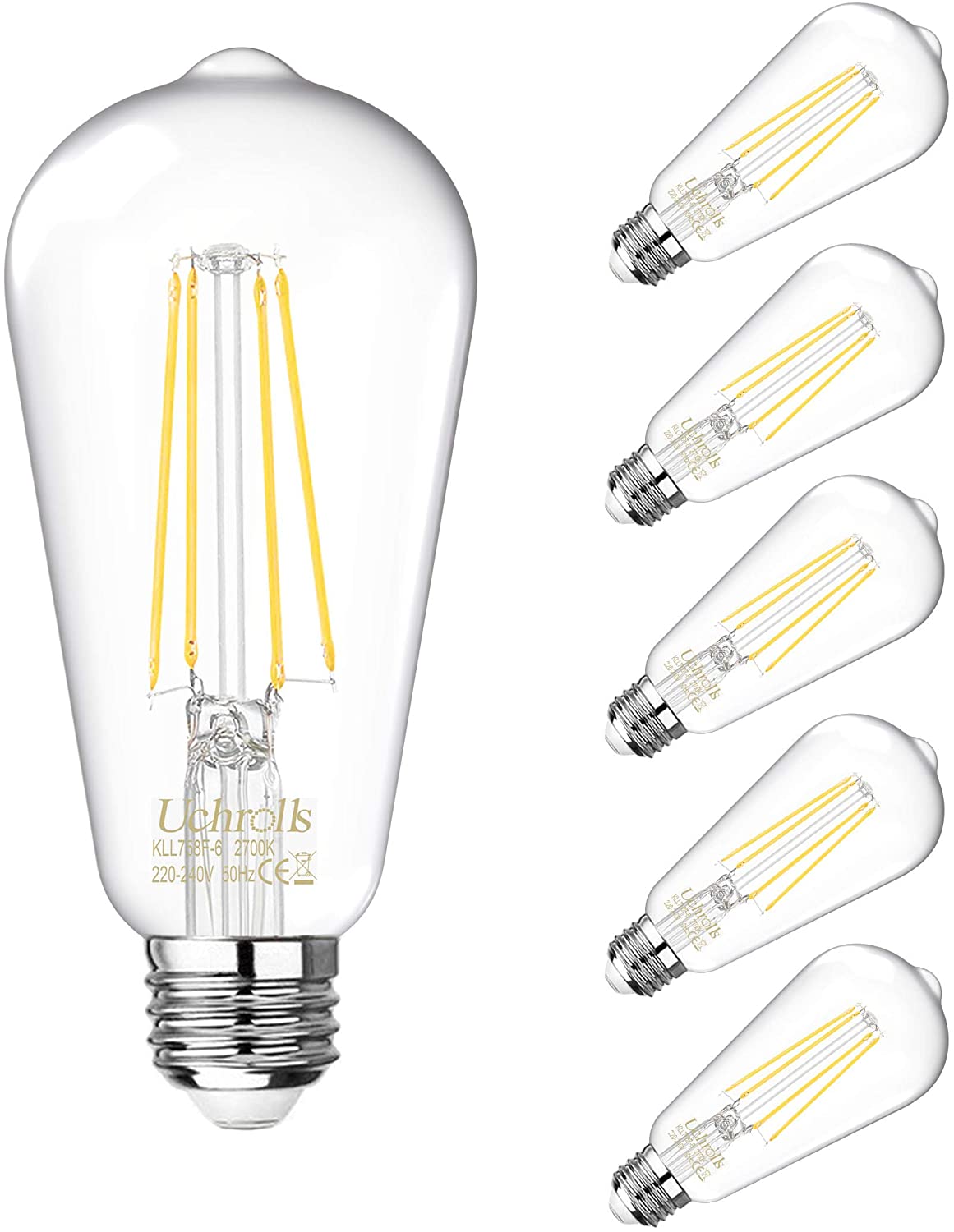 Uchrolls Vintage Edison Light Bulb ST58, E27 Base,6W (Equivalent to 60W),Warm White,2700K,800lm,Filament Clear LED Bulb