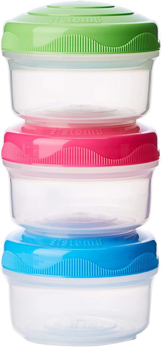 Sistema Snack Pots Mini Bites TO GO | 130 ml | Stackable Snack Boxes with Lids | BPA-Free | Green, Pink & Blue Lids | 3 Count