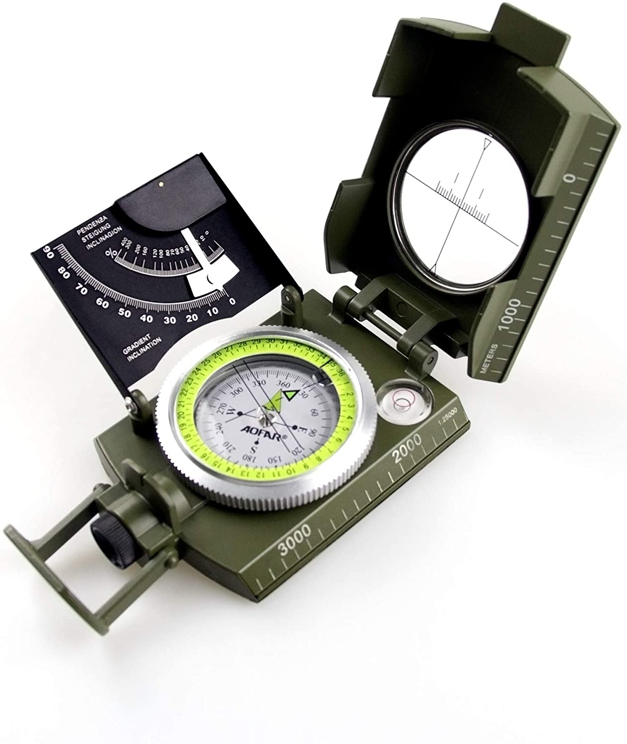 AOFAR AF-4074 Military Lensatic Sighting Compass-Multifunctional, Fluorescent, Waterproof and Shakeproof with Inclinometer and Carrying Bag for Camping, Hiking, Hunting