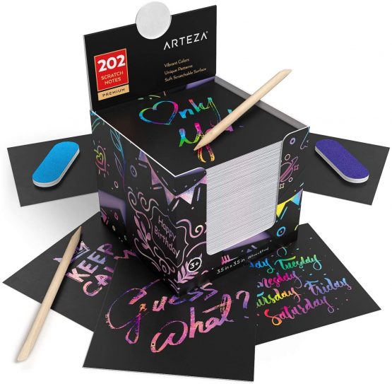 Arteza Scratch Paper Notes, Set of 202 Sheets, 3.5"x3.5" inches 200 Rainbow Notes & 2 Space Patterned Notes, Include 2 Scratchers, 2 Sharpeners, Art & Craft Classrooms and DIY Projects