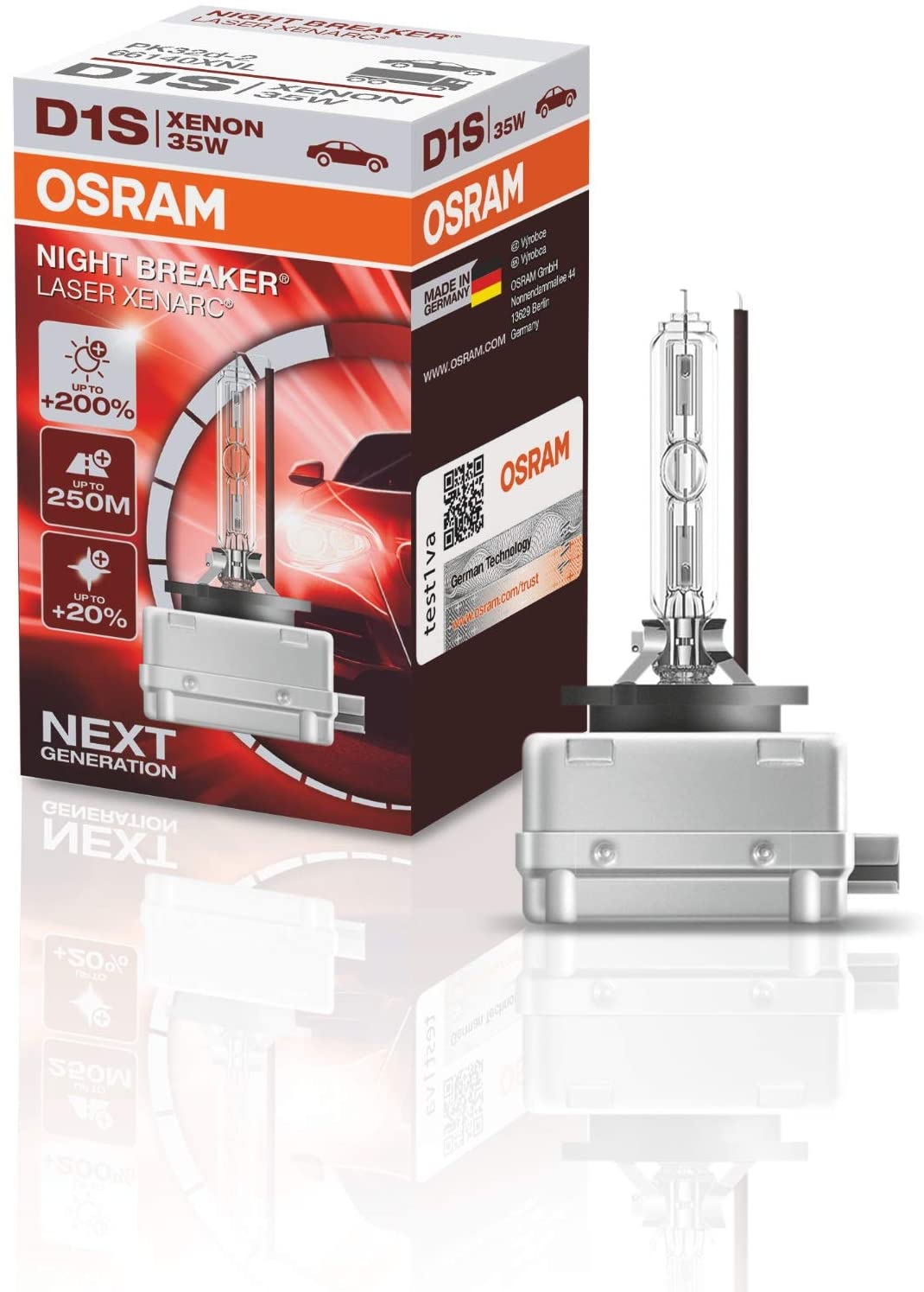 OSRAM XENARC NIGHT BREAKER LASER D1S, +200% more brightness, HID xenon bulb, discharge lamp, 66140XNL, folding box (1 lamp)