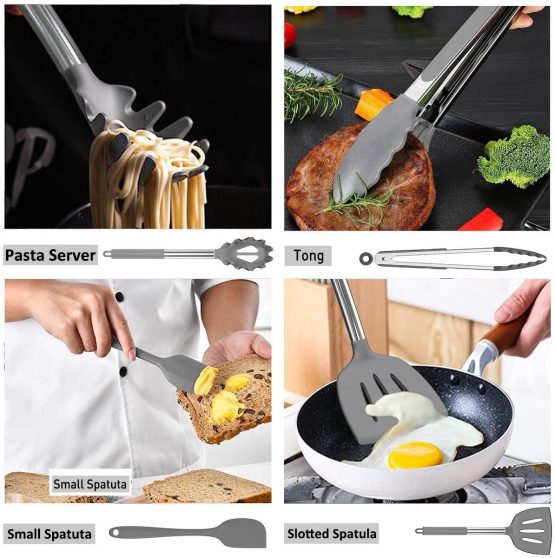 Umite Chef Kitchen Utensil Set, 15pcs Silicone Cooking Kitchen Utensils Set, Cooking Tools Turner Tongs Spatula Spoon for Nonstick Heat Resistant Cookware - (Grey) - Image 3
