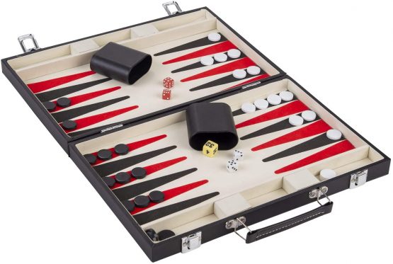 Engelhart Deluxe Wooden Backgammon Game in Leatherette Covered Case, 2 player , 5 dice , 2 cups as well as shuffleboard, (Black / Red 15") - Image 2