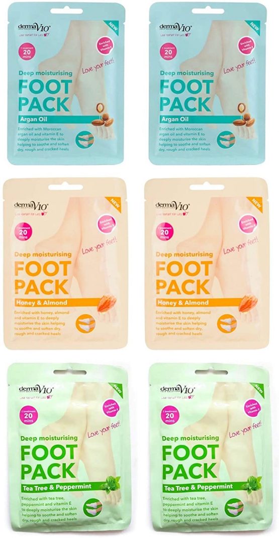Derma V10 Foot Pack Mask (6 Pack) Deep Moisturising Tea Tree and Peppermint, Honey and Almond and Argan Oil Hemp Seed Oil Variety Bundle (Tea Tree & Peppermint, Honey & Almond, Argan Oil)