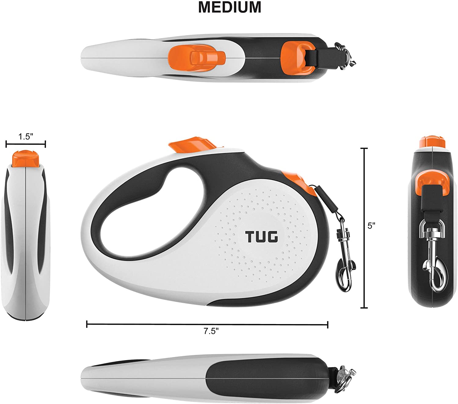 TUG 360° Tangle-Free Retractable Dog Lead for Up to 25 kg Dogs, White/Orange, M (Pack of 1) - Image 2