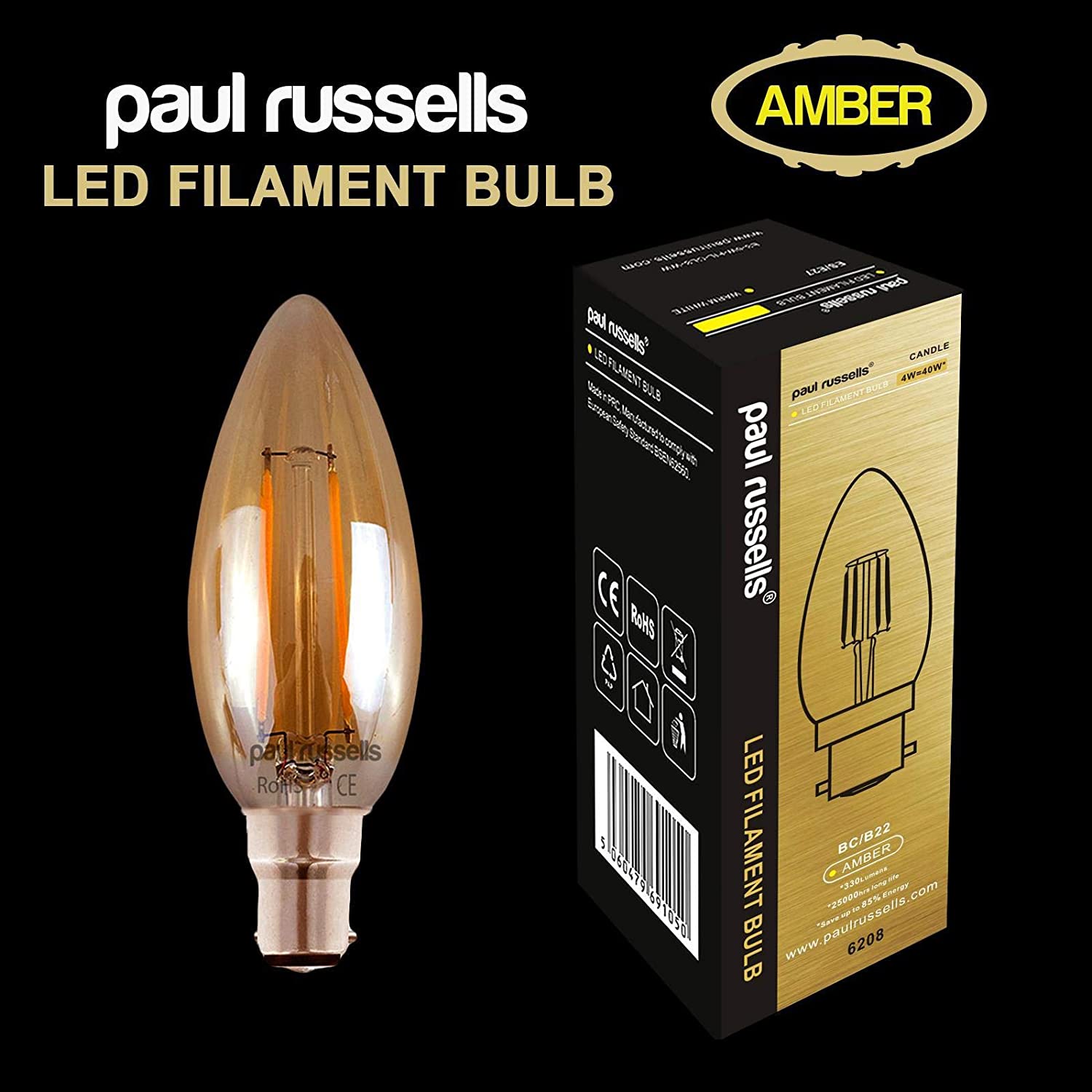 paul russells LED Candle Filament Light, 2.5W 20W Equivalent Replacement, 200LM Lumens, 2200K Extra Warm White - Image 2