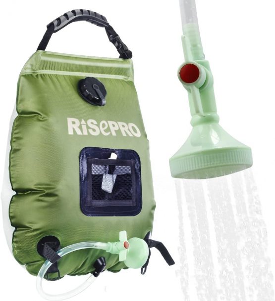 RISEPRO Solar Shower Bag, 5 gallons/20L Solar Heating Premium Camping Shower Bag Hot Water with Temperature 45°C Removable Hose on/off Switchable Shower Head Hiking Climbing Summer Shower K8