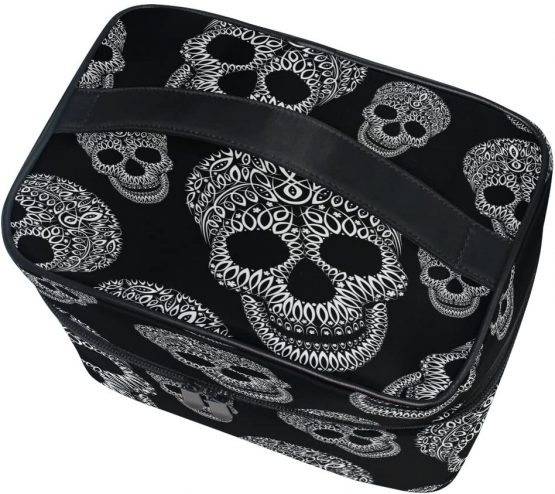 Makeup Bag, Skull Print Cosmetic Toiletry Storage Organiser Case Large Travel Handle Personalised Pouch with Compartments for Teenage Girls Women Lady Black - Image 3