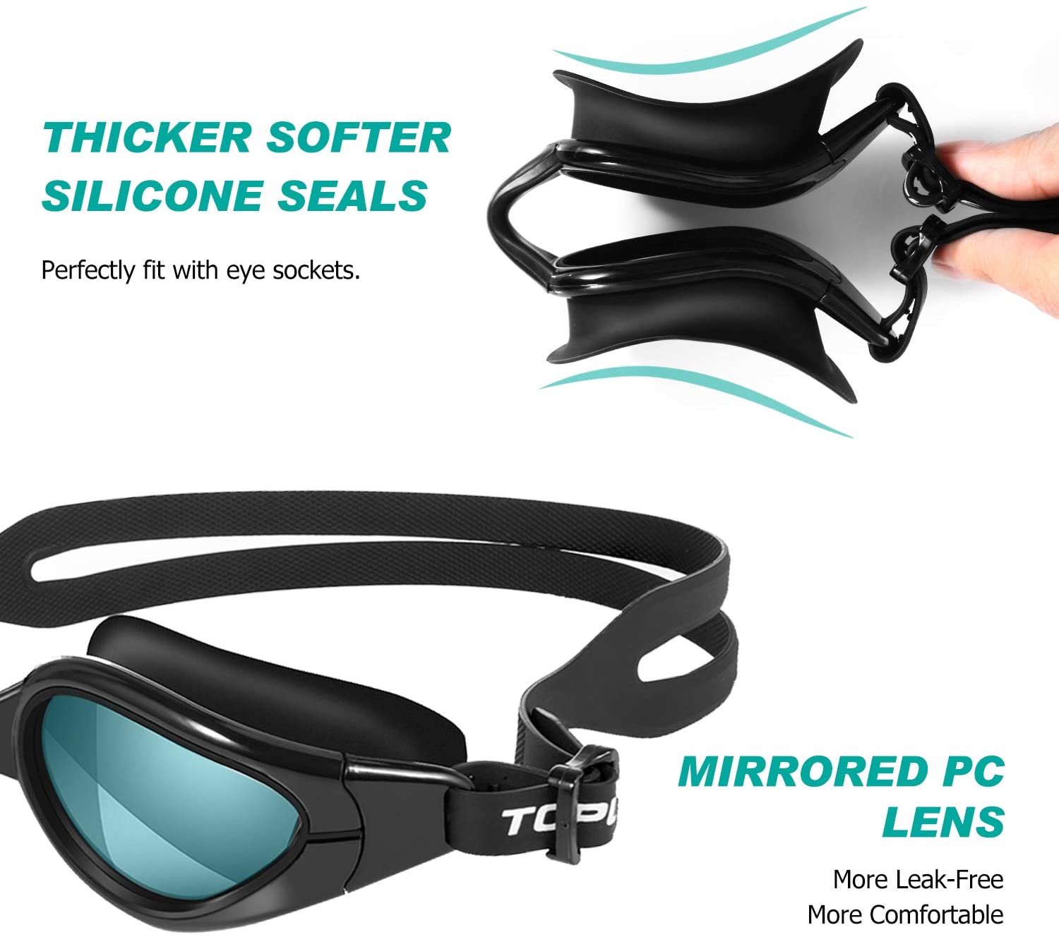 TOPLUS Swimming Goggles, No Leaking Anti Fog UV Protection Swim Goggles Soft Silicone Nose Bridge for Men Women, Junior - Image 2