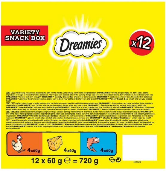 Dreamies Cat Treats Variety Pack, snacks with chicken, salmon and cheese, 12 pouches of 60 g - Image 2