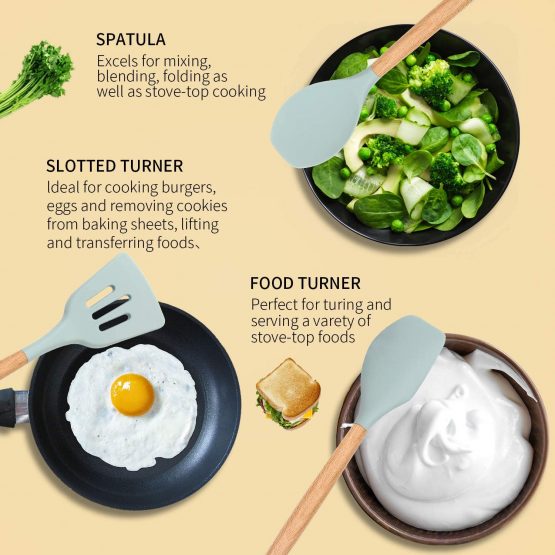 ELECTRAPICK Kitchen Utensil Set Silicone Cooking Utensils - 11 Pieces Cooking Spatula Turner Heat Resistant Tools with Wooden Handle for Nonstick Non Scratch Cookware - Best Kitchen Tool Gadgets - Image 2