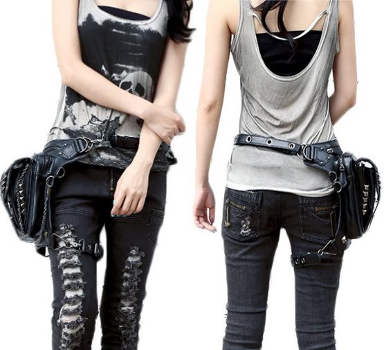 FiveloveTwo Men Women Leather Multi-purpose Tactical Drop Leg Arm Bag Pack Hip Belt Waist Fanny Messenger Shoulder Bag Black - Image 4