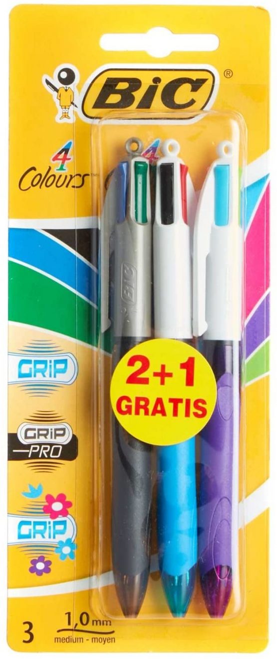 Bic Grip 4-Colours Retractable Pens [Pack of 3] 1 x Grip, 1 x Grip Pro, 1 x Grip Fun/Fashion colours Medium 1.0mm