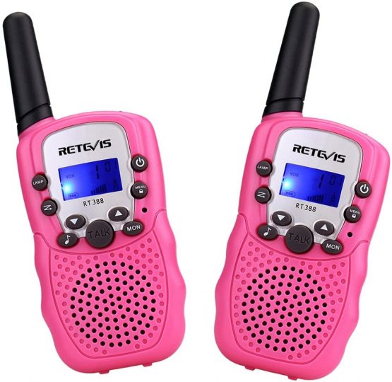 Retevis RT388 Walkie Talkies for Kids, Rechargeable Long Range 8CH Toy Gifts for 3-12 Years Old Boys Girls, with Backlit LCD Flashlight for Camping, Outdoor Adventures, Family Games(1 Pair, Pink)
