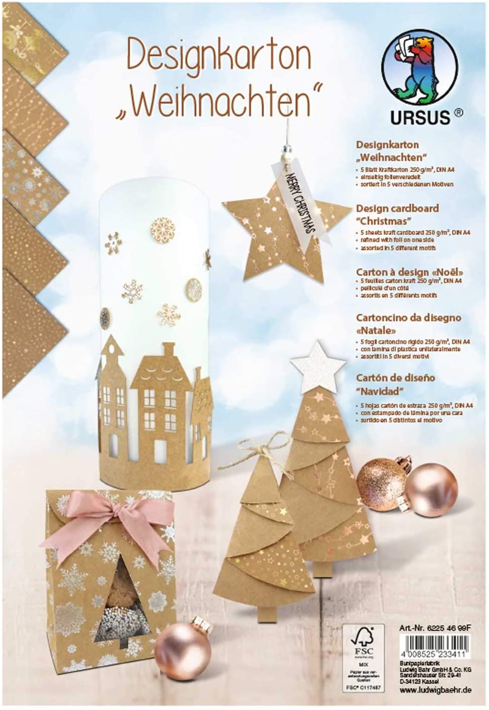 Ursus Design Christmas Card, 5 Sheets Cardboard 250 g/m² DIN A4, Assorted in 5 Designs