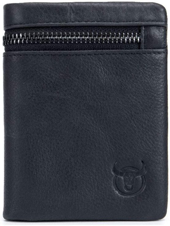 Genuine Leather Men Wallet, RFID Blocking Antimagnetic Credit Card Holder, Zipper Coin Purse Black