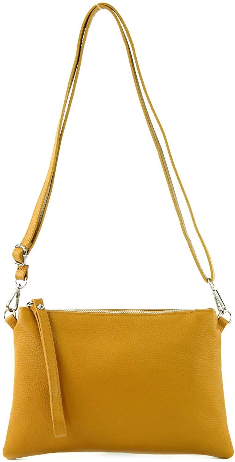 modamoda de - T186 - Italian Clutch/Shoulder Bag Leather Medium, Colour:Mustard Yellow