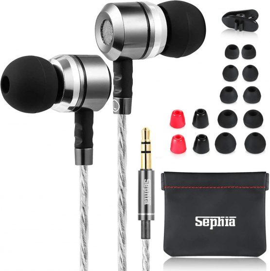 Sephia SP3060 Earphones Headphones Wired In Ear Design Strong Bass Noise Isolating Silicone and Memory Foam Earbud Tips Case 3.5mm Jack 3.9 Feet Long Durable Cord for Tablets Laptops Smartphones