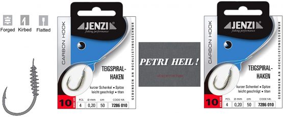 i Set: 2 packs of dough spiral hooks, trout hooks, dough hooks, tied (8 pieces), hook size 10 + free Petri Heill! Sticker.