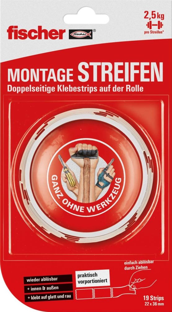 Fischer Ganz ohne Werkzeug 545956 Mounting Strips 19x Double-Sided 22 x 36 mm Practically Pre-Portioned Indoor and Outdoor Tearable-No Tools Required, White