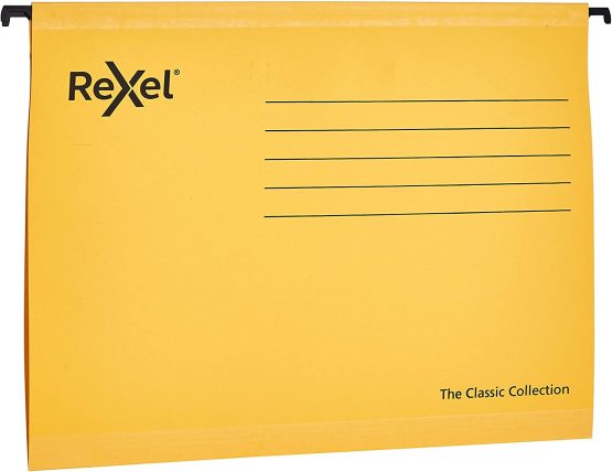 Rexel Classic A4 Reinforced Suspension Files for Filing Cabinets, 15 mm V base, 100 Percent Recycled Card, Yellow, Pack of 25, 2115588