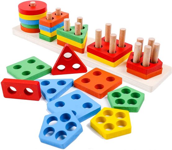 Afunti Wooden Shape Sorter Puzzle Toy Stacking Blocks Stacker Toy Geometric Sorting Board Educational Toys for Kids Toddler 1 2 3 4 5 Years Old Boys Girls