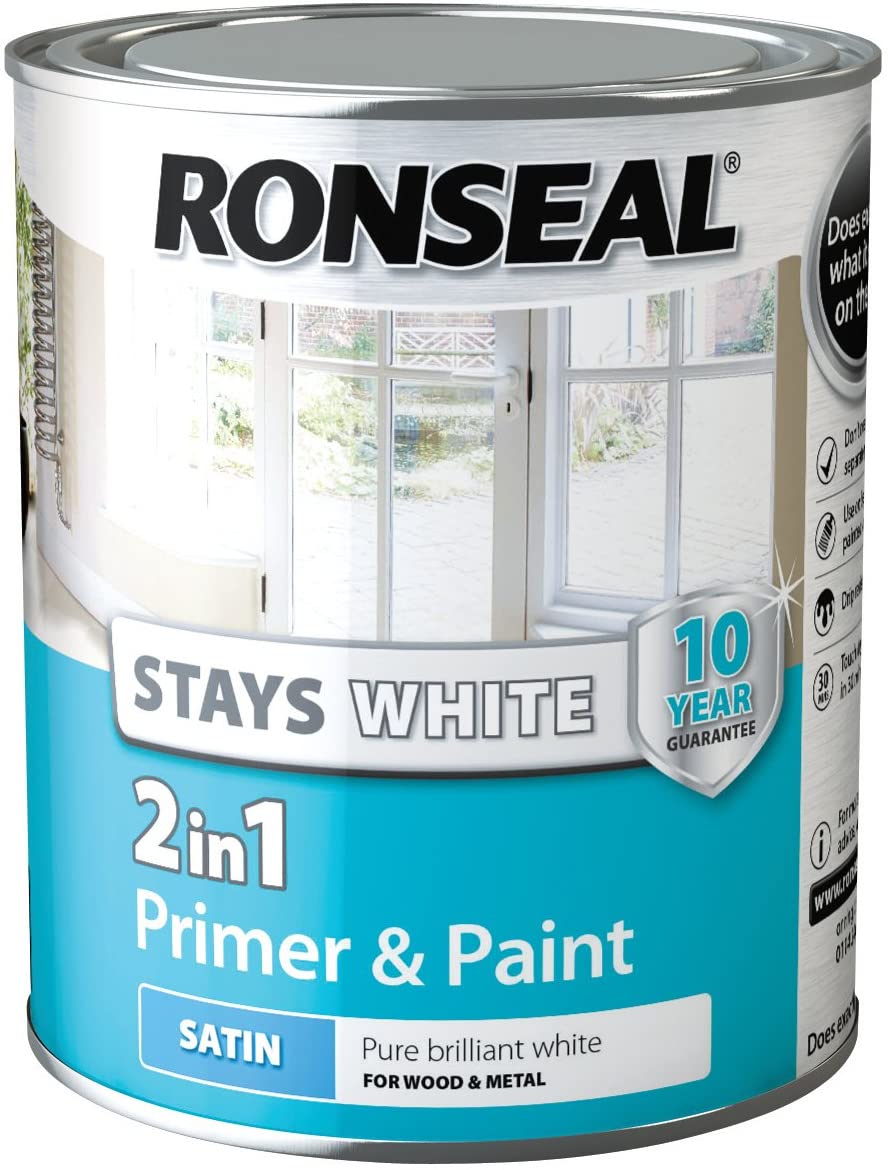 Ronseal Stays White 2 IN 1 Primer and Paint Satin 750ml, 750 ml (Pack of 1)
