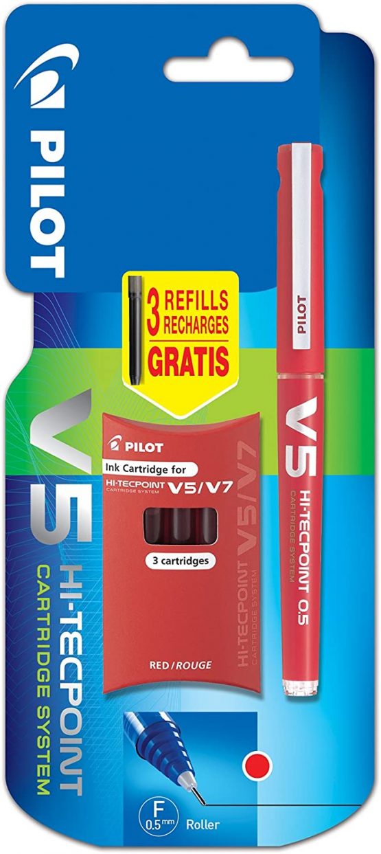 Pilot V5 Cartridge System Liquid Ink Rollerball 0.5 mm tip Single Pen with 3 Free Refills - Red