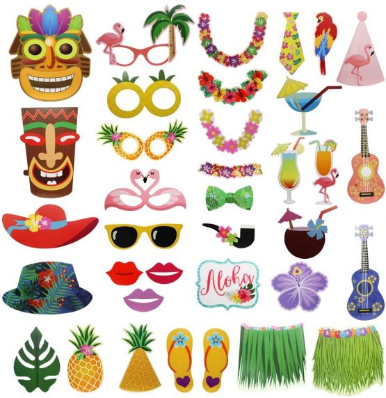 Meetory 36Pcs Hawaiian Photo Booth Props Kit, Selfie Props Celebration for Hawaii Seaside, Summer Pool Party, Luau Tropical Tiki Beach Vacation Dress-up Costume Accessories Decoration - Image 2