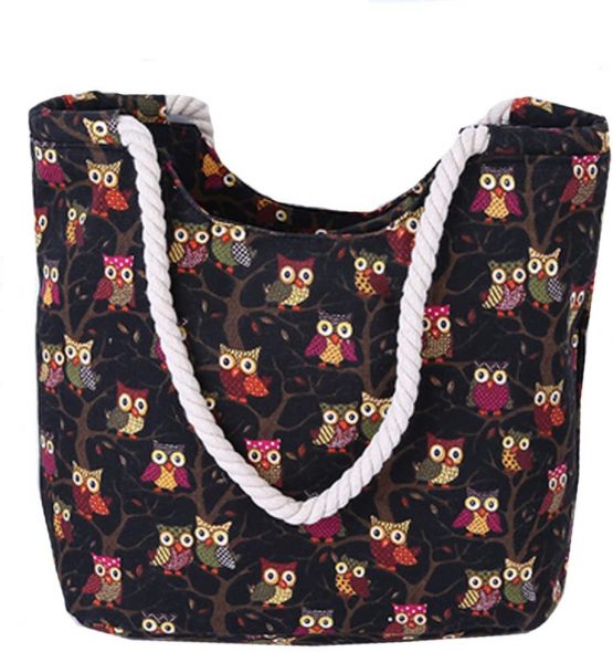 Millya Women Owl Pattern Canvas Travel Tote Bag Oversized Shoulder Bag Holiday Beach Shopping Bag,Black