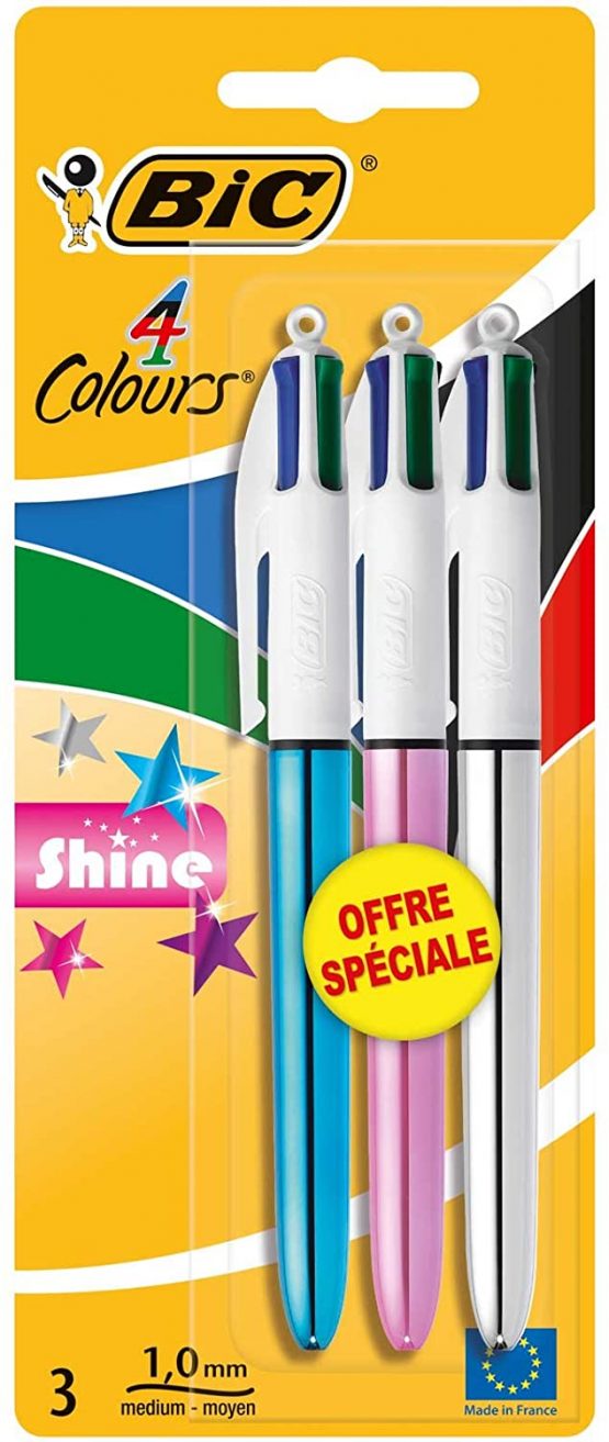 BIC Shine Retractable Ballpoint Pen Blister Pack of 3 Assorted Colours