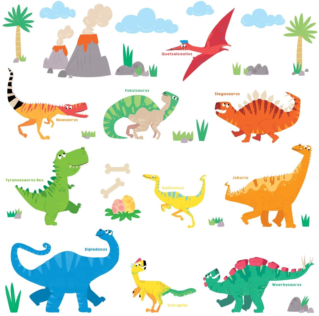 DECOWALL DS-8032 Colourful Dinosaur B (Small) Kids Wall Stickers Decals Peel and Stick Removable for Nursery Bedroom Living Room Art murals Decorations