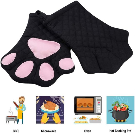 Oven Mitts,Cute Design Funny Cat Heat Resistant Cooking Glove Quilted Cotton Lining- Heat Resistant Pot Holder Gloves for Grilling & Baking Gloves BBQ Oven Gloves Kitchen Tools Gift Set (Black) - Image 4
