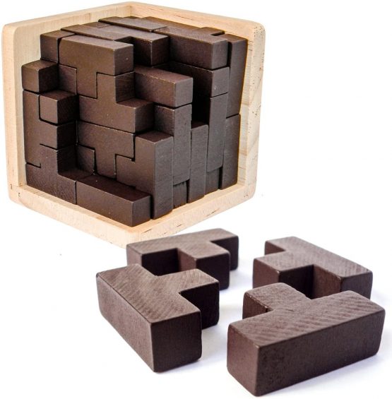 Original 3D Wooden Brain Teaser Puzzle. Genius Skills Builder T-Shape Pieces. 3D puzzles For Adults And Kids. Painted Finish Puzzle Box (Original)