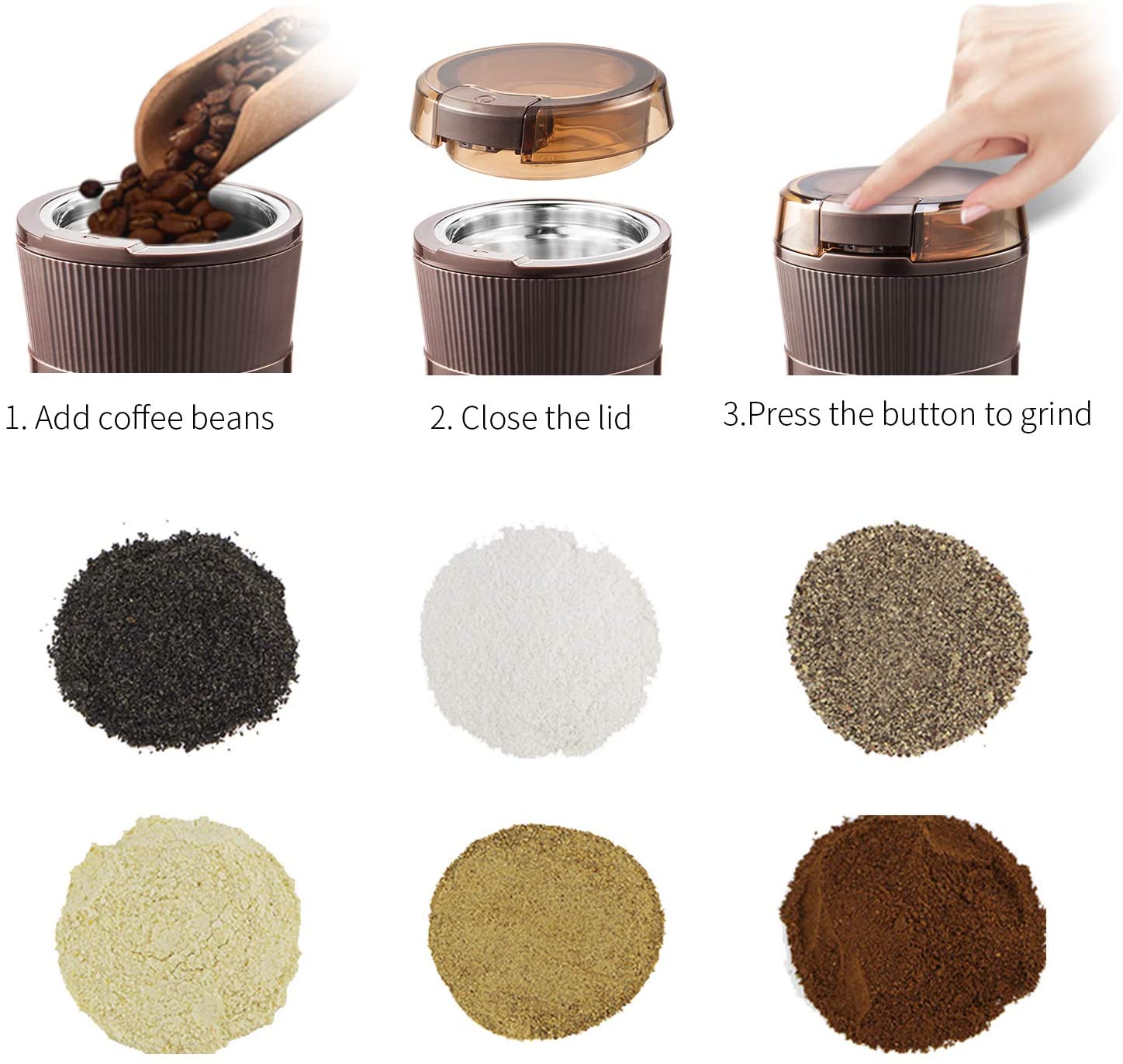 Coffee Grinder with Brush, UUOUU 200W Washable Bowl Spice Grinder with